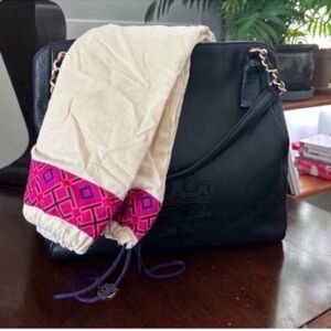 Tory Burch Black Leather Shoulder Bag with Gold Accents